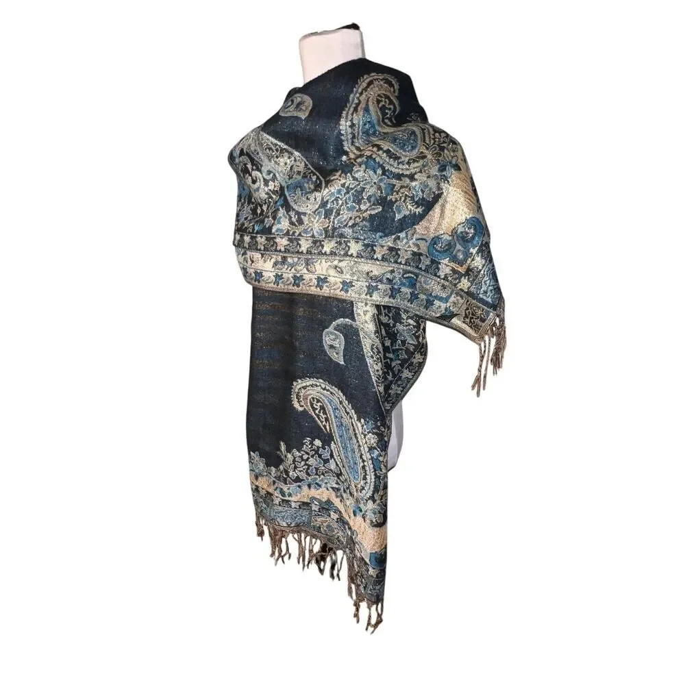 Paisley metallic‎ blue, gold fringe shawl scarf, sarong bohemian GypsyGoth